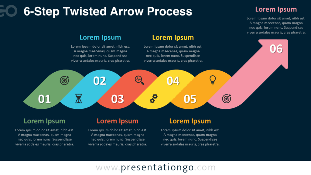 6-Step Twisted Arrow Process Dark Background PowerPoint 6-step twisted arrow process diagram for PowerPoint on a dark background with ribbon steps, numbers, and icon placeholders.