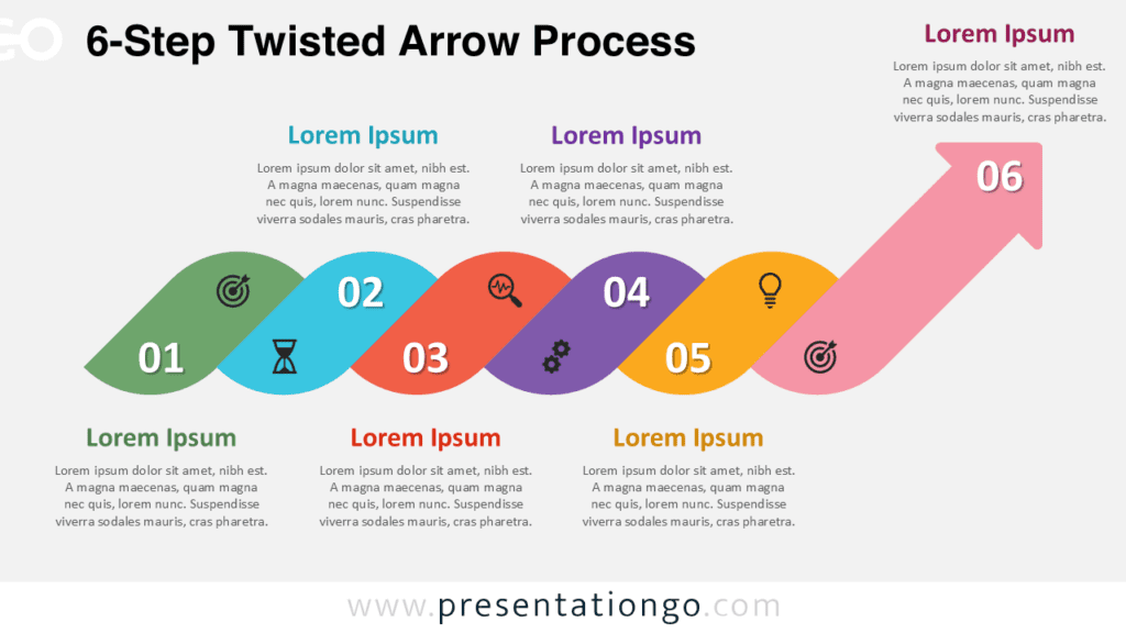 6-step twisted arrow workflow diagram for PowerPoint and Google Slides with a continuous ribbon path, numbers, and icons.