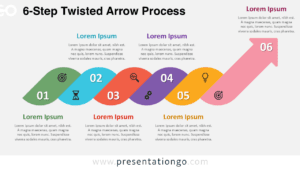 6-step twisted arrow workflow diagram for PowerPoint and Google Slides with a continuous ribbon path, numbers, and icons.