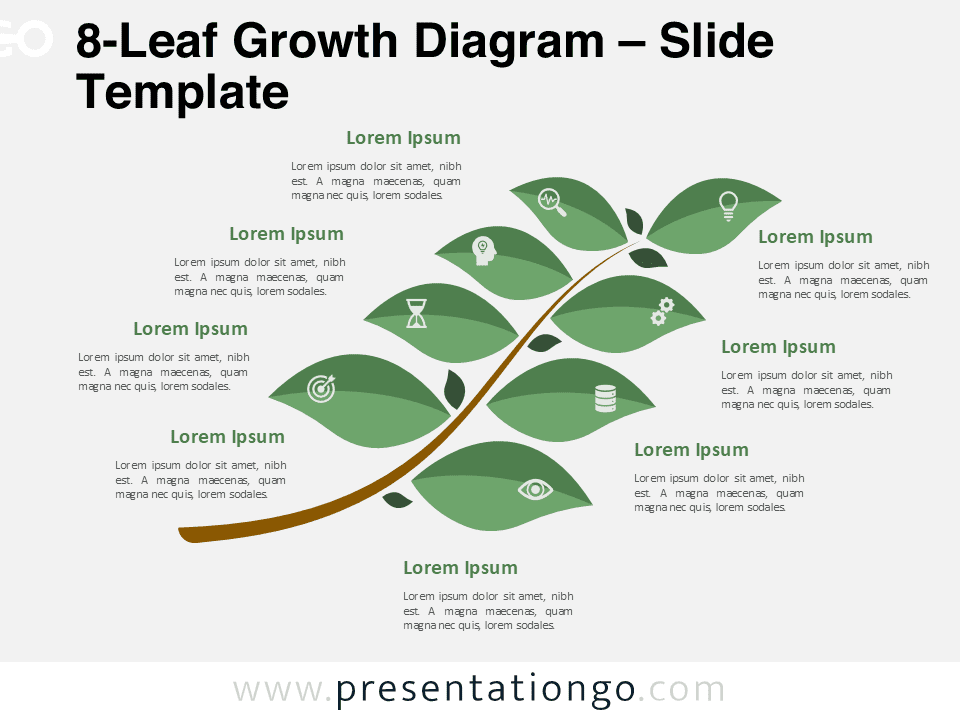 8-leaf growth diagram for PowerPoint and Google Slides designed to visualize detailed strategies, processes, or frameworks using editable leaf elements.