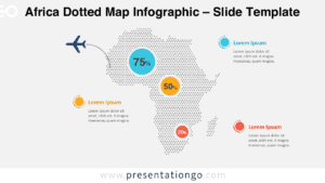 Editable Africa dotted map for PowerPoint and Google Slides with arrow path, data callouts, and circular percentage highlights.