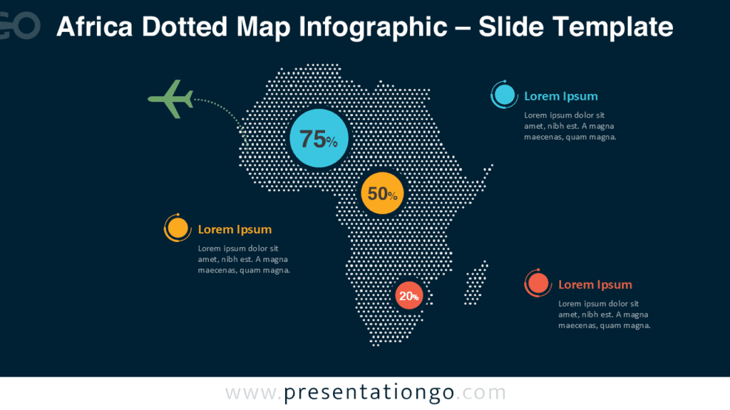 Africa Dotted Map Dark Background for PowerPoint & Slides Africa dotted map infographic for PowerPoint and Google Slides with high contrast design, editable labels, and markers.