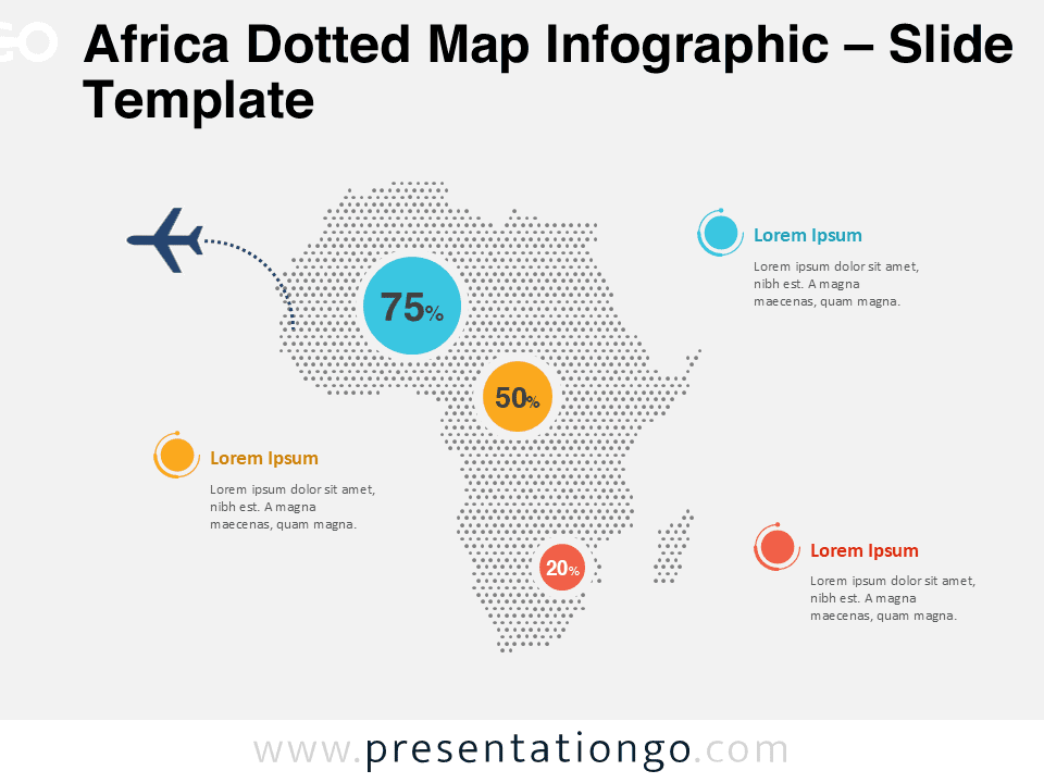 Africa dotted map infographic for PowerPoint and Google Slides with editable callouts, percentages, and location markers.