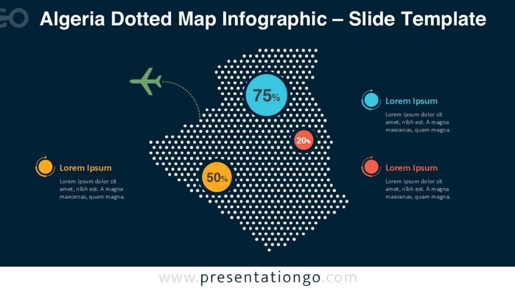 Algeria Dotted Map Infographic Dark Background for PowerPoint Algeria dotted map infographic for PowerPoint with dark background design, editable shapes, data highlights, and clear country visualization.