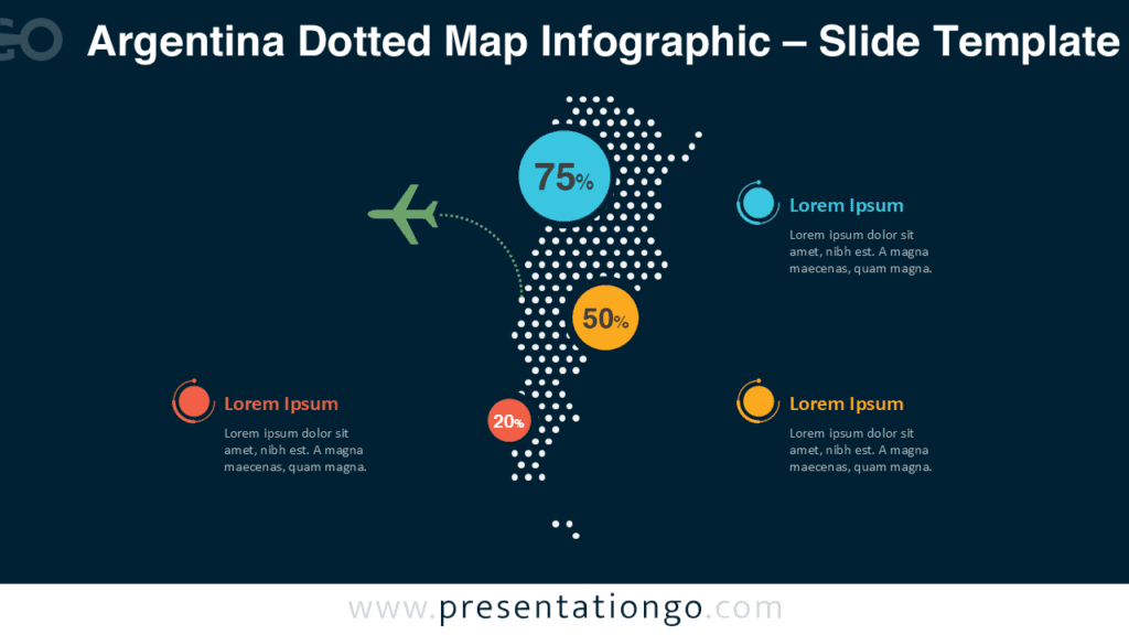 Argentina Dotted Map Infographic for PowerPoint – Dark Background Argentina dotted map infographic for PowerPoint optimized for dark slides, featuring editable shapes, markers, and data-driven layout.