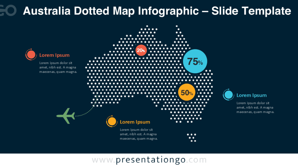 Australia Dotted Map PowerPoint Infographic – Dark Background Australia dotted map infographic for PowerPoint optimized for dark slides, featuring high-contrast dots, editable callouts, and clear data markers