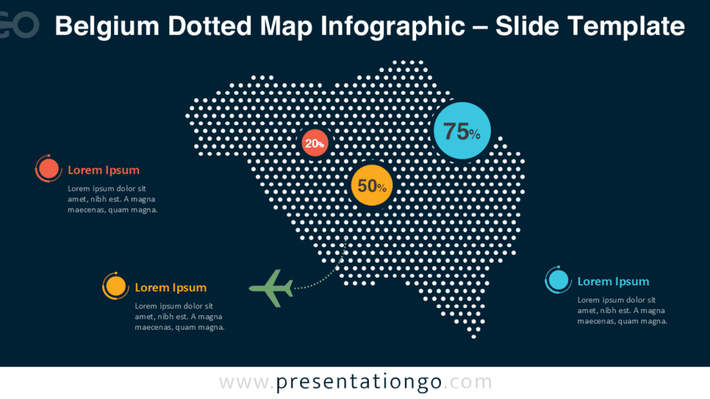 Belgium dotted map infographic for PowerPoint with high-contrast dot design, optimized for dark slides and clear geographic data presentation.
