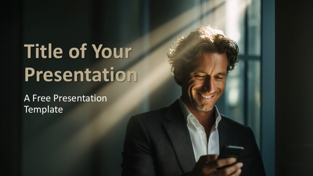 Executive Business Portrait Cover Slide PowerPoint Google Slides Cover slide of the Executive Business Portrait template for PowerPoint and Google Slides featuring bold typography and cinematic business photography