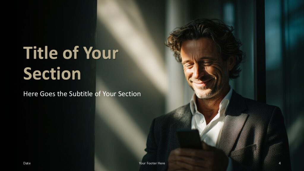 Executive Business Portrait Section Divider PowerPoint Google Slides Section divider slide from the Executive Business Portrait template for PowerPoint and Google Slides designed to structure professional presentations