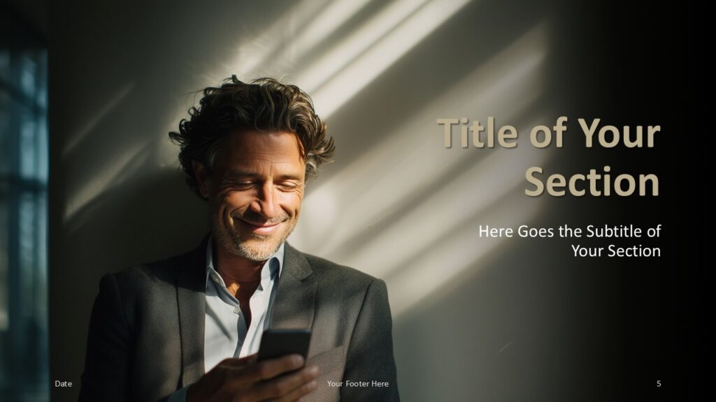 Executive Business Portrait Divider Slide PowerPoint Google Slides Alternate section divider layout in the Executive Business Portrait template for PowerPoint and Google Slides with clean editorial styling
