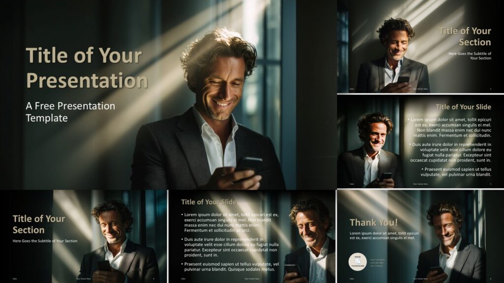 Overview of the Executive Business Portrait template for PowerPoint and Google Slides showing consistent structure and editable professional layouts