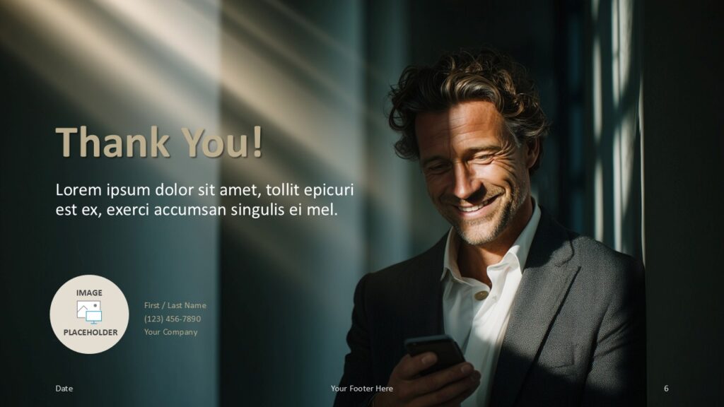 Executive Business Portrait Thank You Slide PowerPoint Google Slides Thank you slide from the Executive Business Portrait template for PowerPoint and Google Slides including contact details and professional imagery