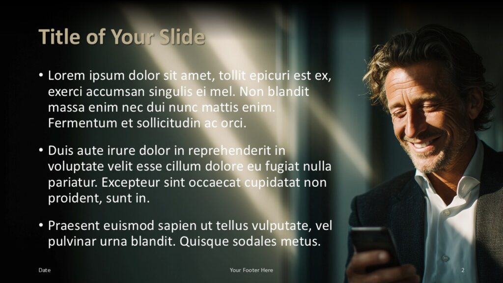 Executive Business Portrait Title Content PowerPoint Google Slides Title and content slide layout from the Executive Business Portrait template for PowerPoint and Google Slides combining text blocks and strong imagery
