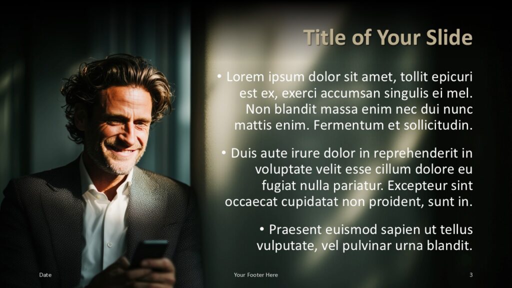 Executive Business Portrait Content Layout PowerPoint Google Slides Alternative title and content slide from the Executive Business Portrait template for PowerPoint and Google Slides with balanced text and visuals