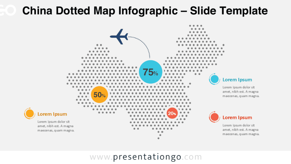 Editable China country dotted map diagram for PowerPoint and Google Slides designed for data visualization and business presentations.