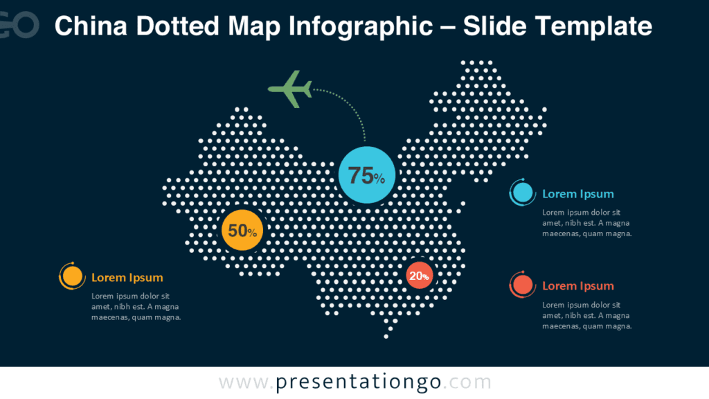China Dotted Map Infographic for PowerPoint on Dark Background China dotted map infographic for PowerPoint optimized for dark slides, featuring editable dots, callouts, and clean data visualization.
