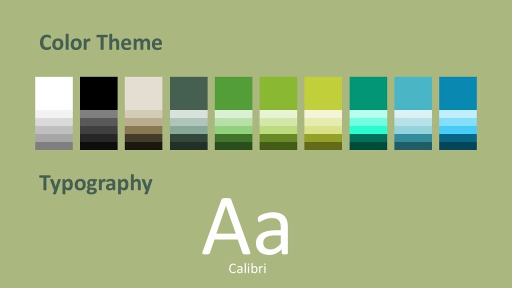 Crumpled Paper Tree Colors and Fonts PowerPoint Google Slides Color palette and typography slide of the Crumpled Paper Tree template for PowerPoint and Google Slides with green tones.