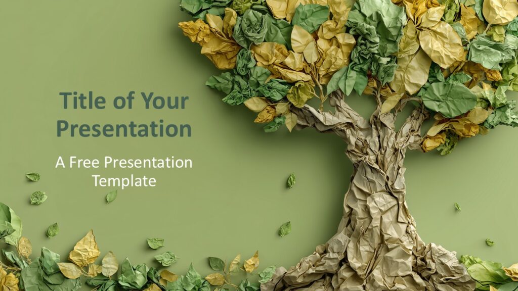 Crumpled Paper Tree Cover Slide PowerPoint Google Slides Cover slide of the Crumpled Paper Tree template for PowerPoint and Google Slides featuring a folded paper tree and calm green tones.