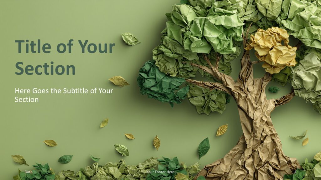 Crumpled Paper Tree Section Divider PowerPoint Google Slides Section divider slide from the Crumpled Paper Tree template for PowerPoint and Google Slides used to structure eco presentations.