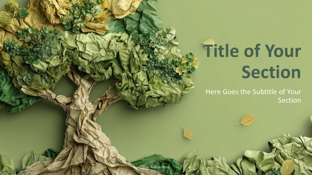 Crumpled Paper Tree Divider Slide PowerPoint Google Slides Alternative section divider in the Crumpled Paper Tree template for PowerPoint and Google Slides with organic paper foliage design.