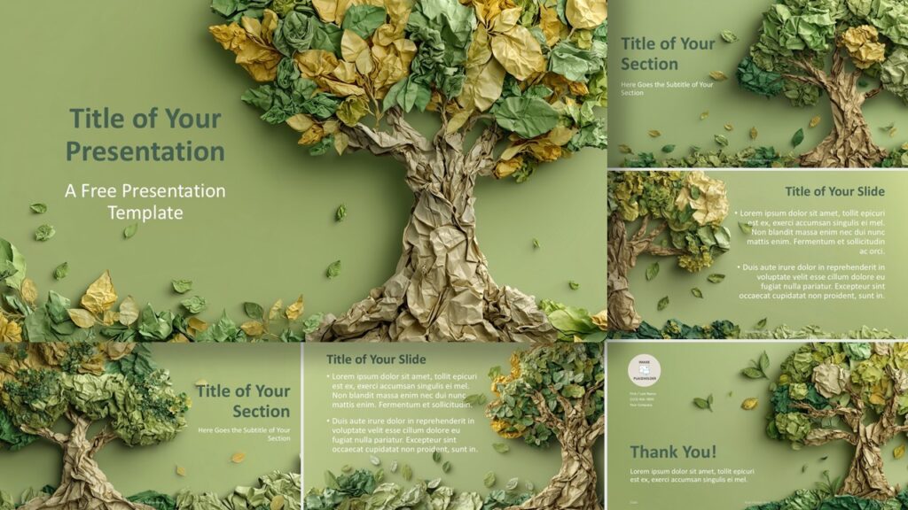 Crumpled Paper Tree Template for PowerPoint and Google Slides Full preview of the Crumpled Paper Tree template for PowerPoint and Google Slides with organic design and eco presentation structure.