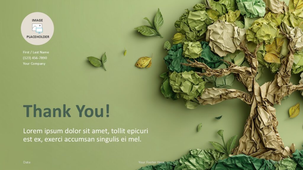 Crumpled Paper Tree Thank You Slide PowerPoint Google Slides Thank you slide from the Crumpled Paper Tree template for PowerPoint and Google Slides with clean contact layout and nature visuals.