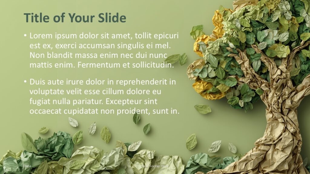 Crumpled Paper Tree Content Slide PowerPoint Google Slides Title and content slide from the Crumpled Paper Tree template for PowerPoint and Google Slides designed for sustainability storytelling.