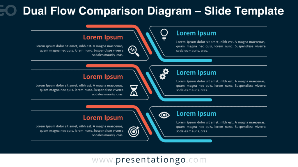 Dual Flow Comparison Diagram for PowerPoint (Dark Background) Dual flow comparison diagram for PowerPoint and Google Slides optimized for dark presentations, featuring icons, parallel structure, and professional contrast.