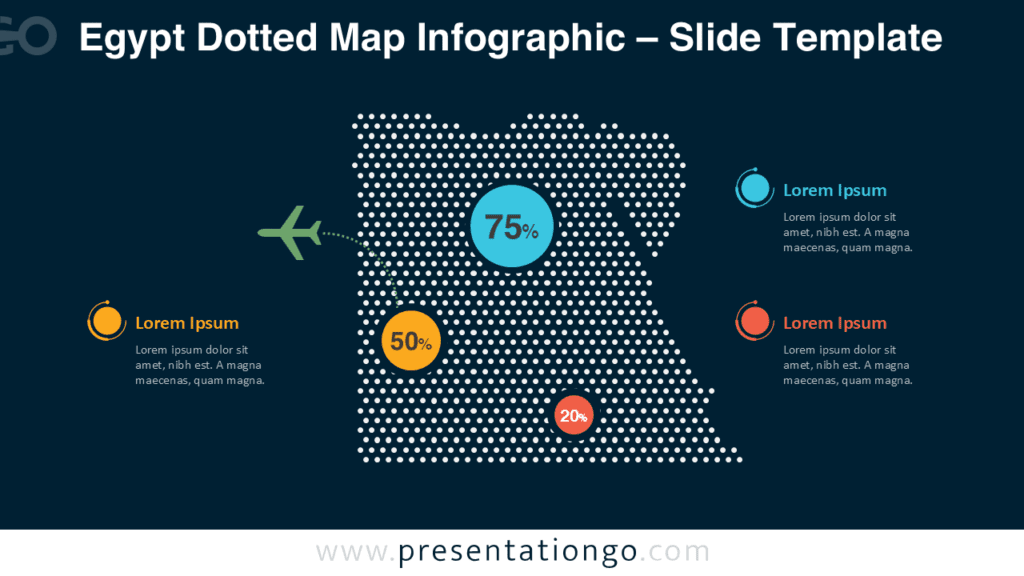 Egypt Dotted Map Infographic for PowerPoint on Dark Background Egypt dotted map infographic for PowerPoint designed for dark slides, featuring editable data points and clear geographic visualization.