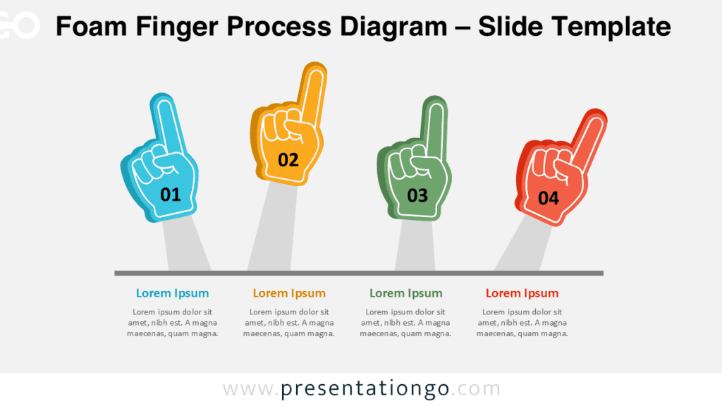 Sport-inspired four-step foam finger diagram for PowerPoint and Google Slides, designed to highlight priorities, steps, or top items.