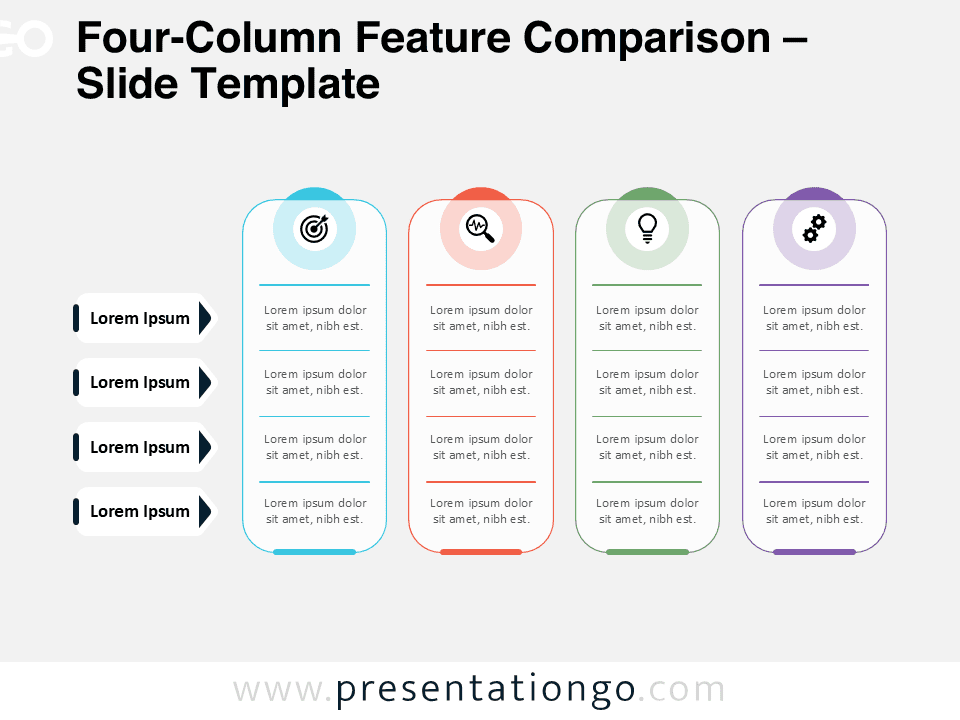 Four-column feature comparison diagram for PowerPoint and Google Slides with editable icons and structured layout for product or service analysis.