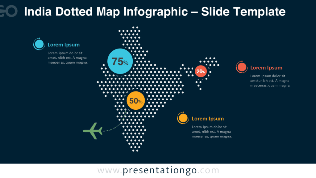 India Dotted Map Infographic PowerPoint Dark Background India dotted map infographic for PowerPoint with high-contrast dark design, ideal for presenting geographic insights and data-focused slides