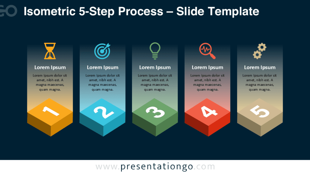 Isometric 5-step process diagram for PowerPoint optimized for dark slides, featuring five stages, icons, and strong visual hierarchy.