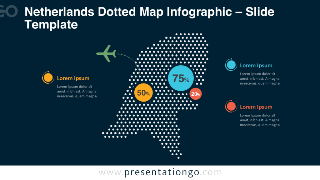 Netherlands Dotted Map Infographic – Dark Background Netherlands dotted map infographic for PowerPoint and Google Slides optimized for dark slides with editable markers, labels, and annotations.