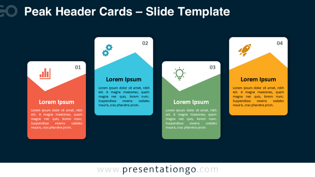 Peak Header Cards Diagram for PowerPoint and Google Slides – Dark Background Peak Header Cards diagram for PowerPoint with dark background design, displaying a zigzag four-step card process with connected peak headers and icons.