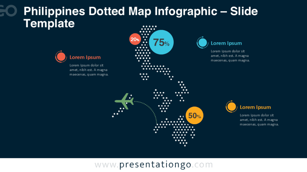 Philippines Dotted Map Infographic PowerPoint Dark Background Philippines dotted map infographic for PowerPoint optimized for dark backgrounds with editable shapes and markers