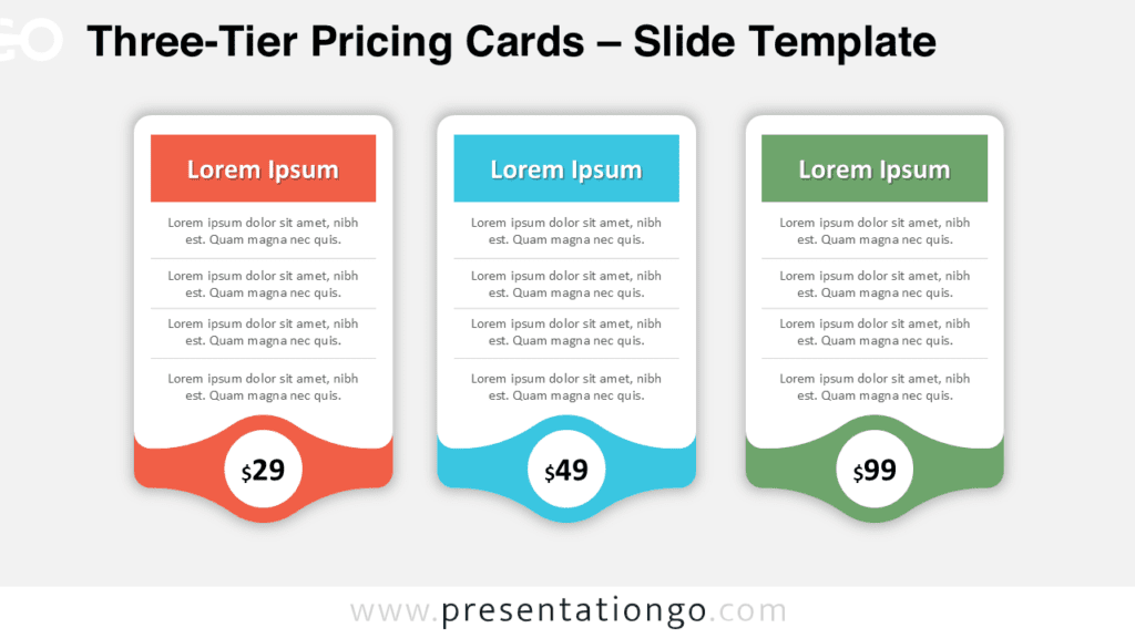 Pricing cards comparison diagram for PowerPoint and Google Slides designed to present three pricing tiers with structured content and editable elements.