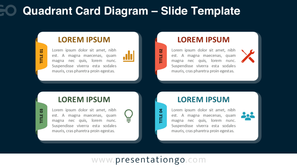 Quadrant Card Diagram for PowerPoint on Dark Background Quadrant Card Diagram for PowerPoint optimized for dark slides, showing four editable cards with banner titles and clear visual contrast.
