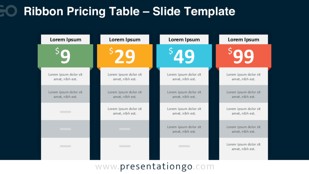 Ribbon Pricing Table Dark Background PowerPoint Google Slides Ribbon pricing table with dark theme and four pricing columns, designed for PowerPoint and Google Slides plan comparisons.