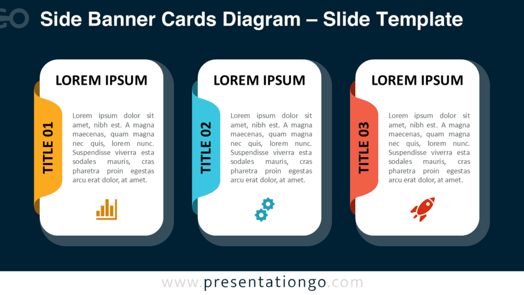 Side Banner Cards Diagram for PowerPoint – Dark Background Side banner cards diagram for PowerPoint displayed on a dark background, using three vertical cards with side title banners and icons.