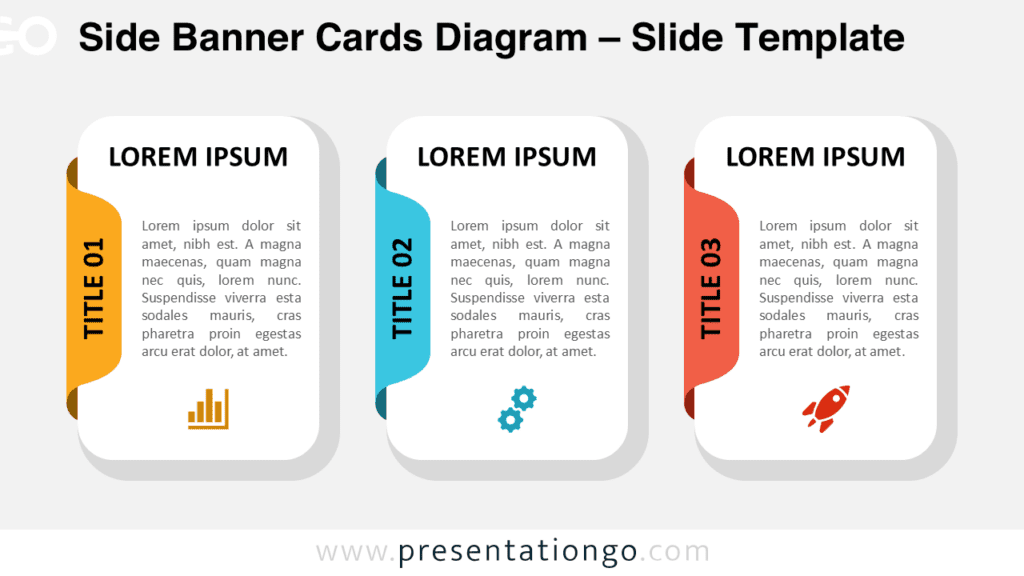 Side title card diagram for PowerPoint and Google Slides designed to present three key steps using vertical banners, cards, and icons.