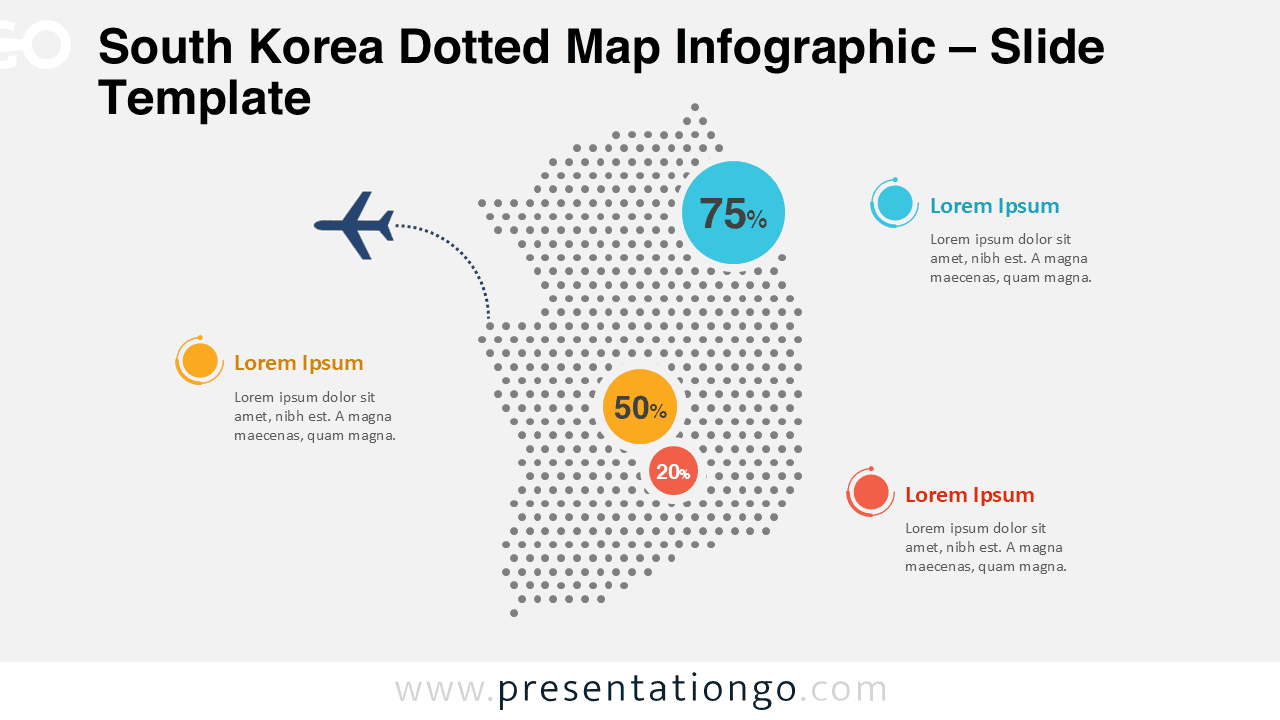 Editable South Korea dotted map infographic for PowerPoint and Google Slides, ideal for business reports, data visualization, and presentations.