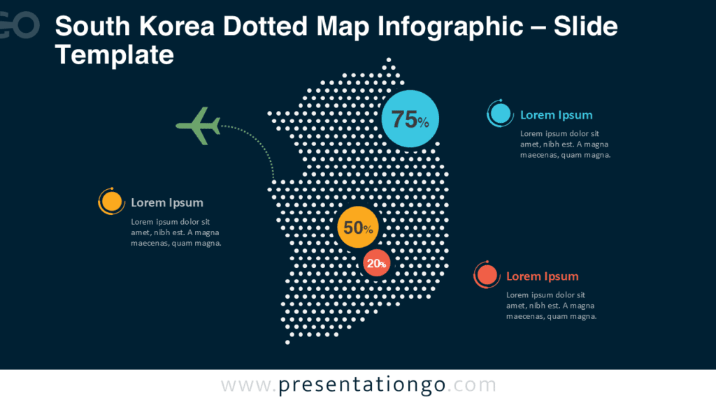 South Korea Dotted Map Infographic Dark Background South Korea dotted map infographic for PowerPoint optimized for dark slides, perfect for highlighting data points and regional statistics.