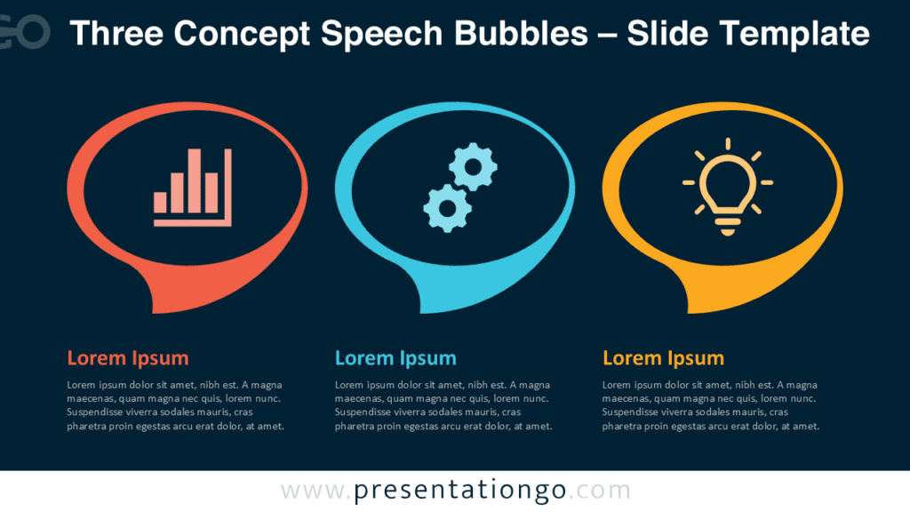 Three Concept Speech Bubbles PowerPoint Diagram for Dark Backgrounds Three concept speech bubbles diagram for PowerPoint optimized for dark slides with strong contrast and clear icons