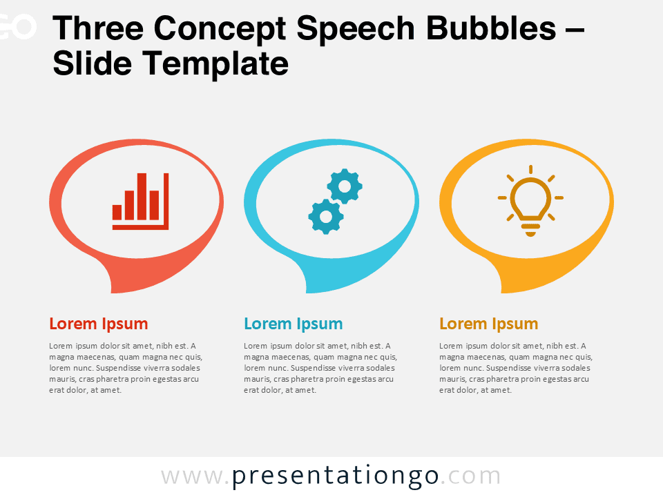 Three concept speech bubbles diagram for PowerPoint and Google Slides to present ideas, processes, or business insights clearly