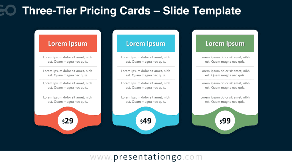 Three-Tier Pricing Cards Diagram for PowerPoint on Dark Background Three-tier pricing cards diagram for PowerPoint optimized for dark presentations, featuring three editable pricing columns with strong contrast.