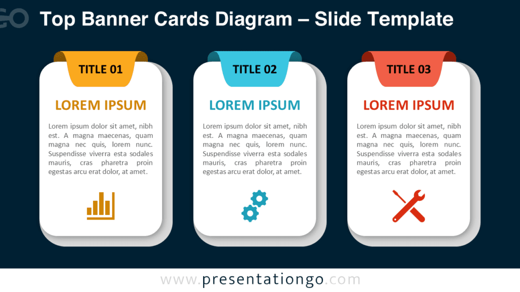 Top Banner Cards Diagram for PowerPoint – Dark Background Top Banner Cards Diagram for PowerPoint with dark theme layout, editable cards, banners, and icons designed for high-contrast presentations.