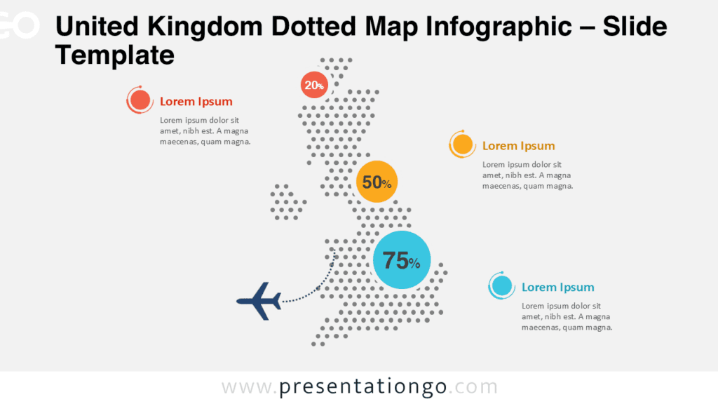 Editable UK dotted map infographic for PowerPoint and Google Slides ideal for regional analysis, market coverage, and data visualization.