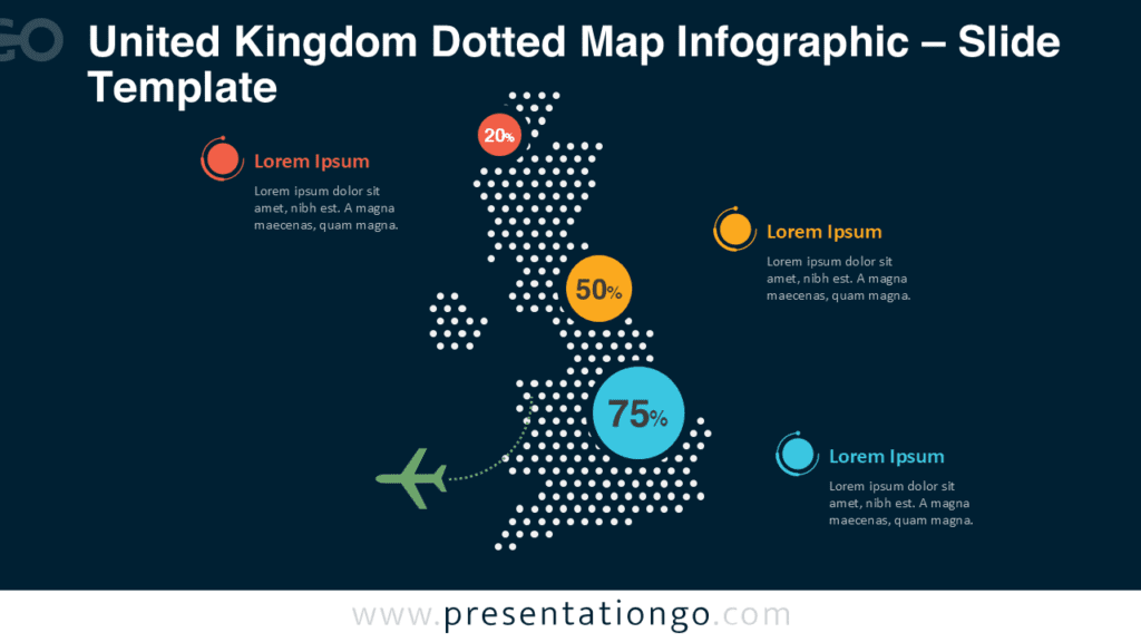 United Kingdom Dotted Map PowerPoint Dark Background United Kingdom dotted map infographic for PowerPoint optimized for dark slides, showing clear UK geography with customizable dots.