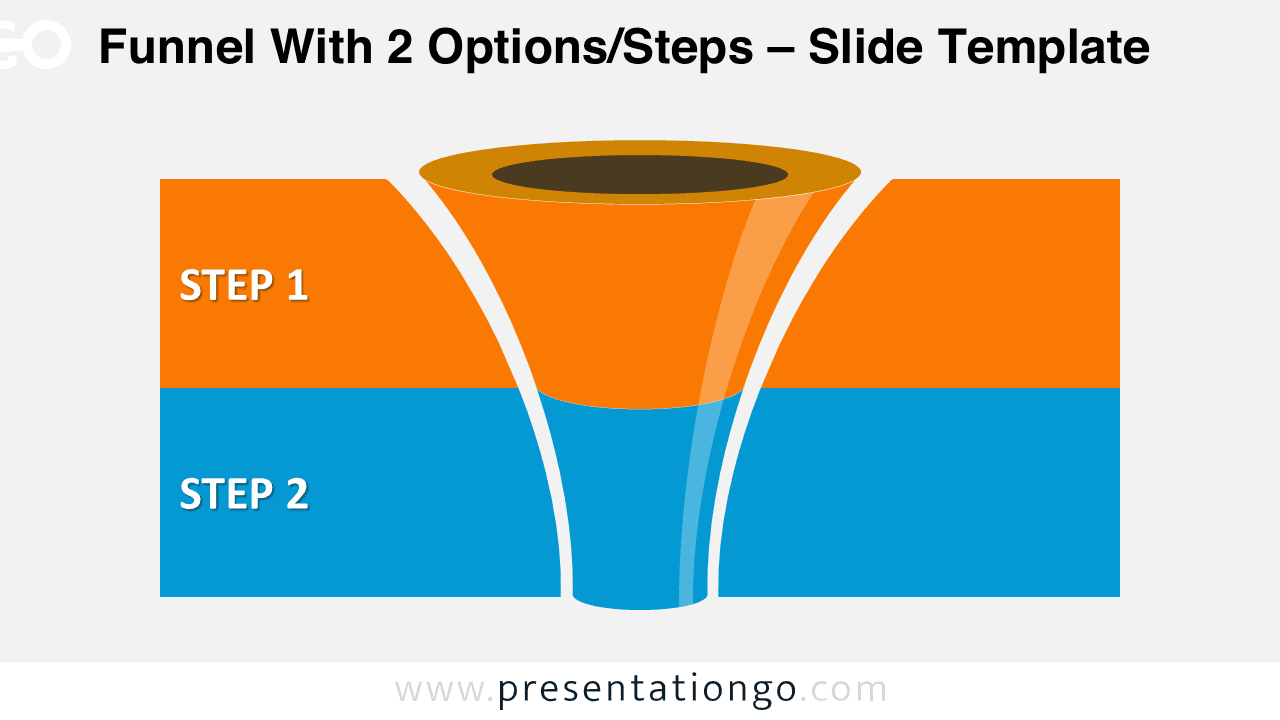 Free editable curved funnel diagram for PowerPoint with two levels and horizontal colorful banners representing stages